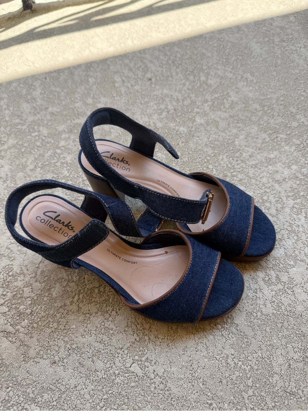 Clarks Navy Denim Slingback Block Heel Sandals